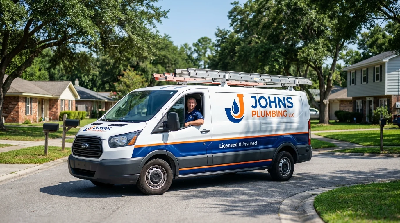 Johns Plumbing LLC service van in Stafford, TX