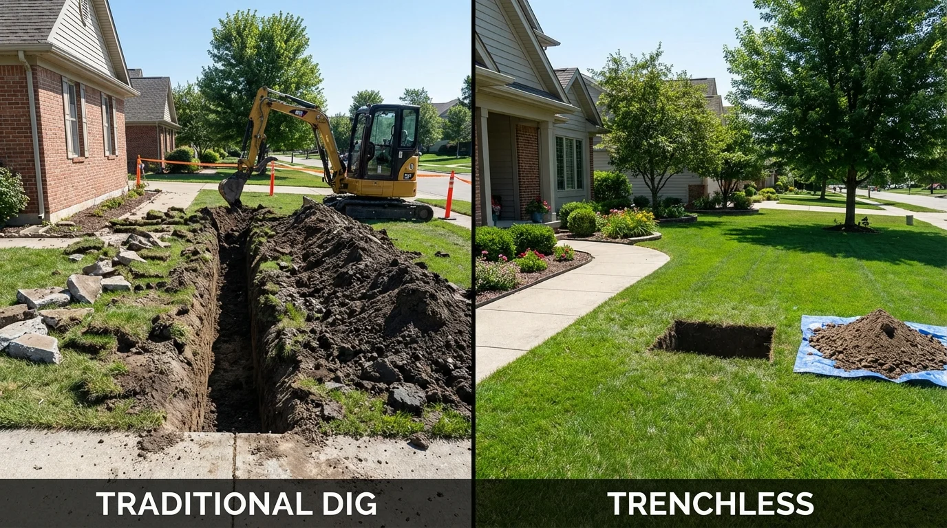 Trenchless sewer repair with minimal yard damage versus traditional excavation in Stafford, TX