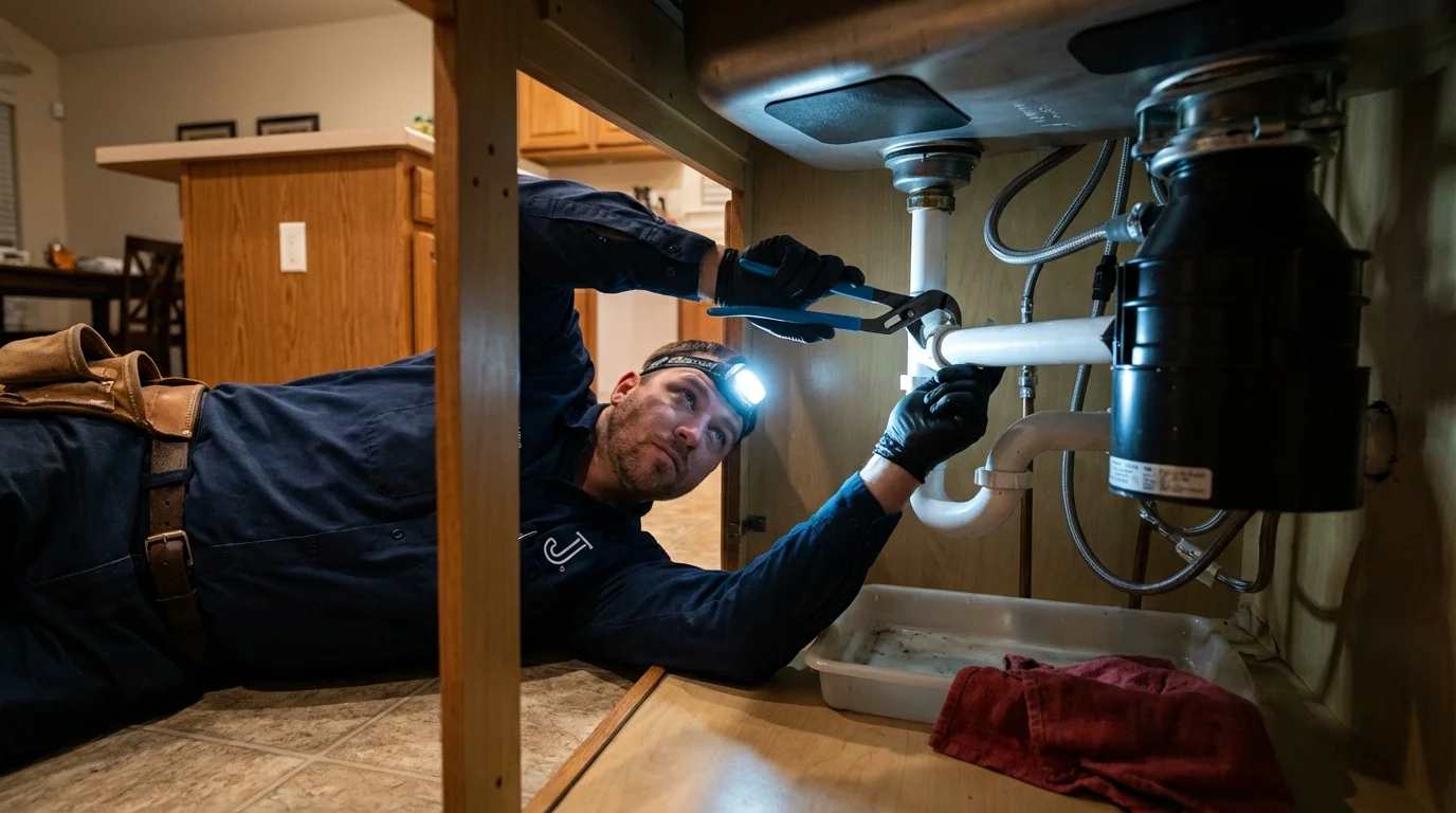 P-trap and supply line connections under a kitchen sink showing a common leak point in Stafford, TX